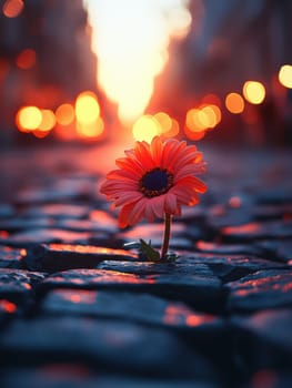 flower blooming amidst the cracks of dark grey granite brickwork of a city street. AI generative.