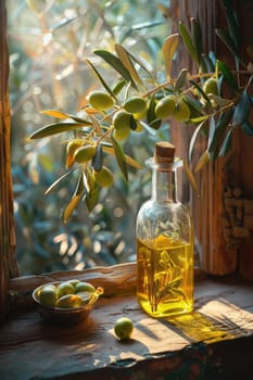 Olive oil, olives and olive branches. AI generative.