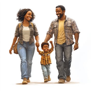 Woman and man on a walk with a child. AI generative.