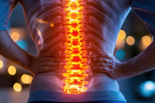 man with back pain X-ray, holding red painful spot. AI generative.