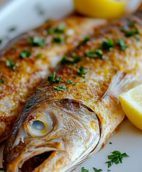 Baked fish in sauce with olives. AI generative.