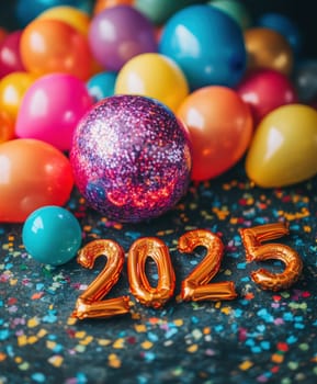 happy, new, year, number " 2025"" ballons, firework. AI generative."
