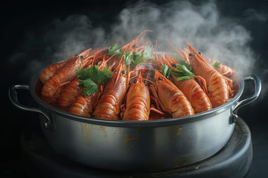 crawfish in a hot pot, full of red sauce . AI generative.