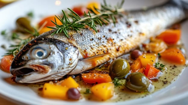 Baked fish in sauce with olives. AI generative.