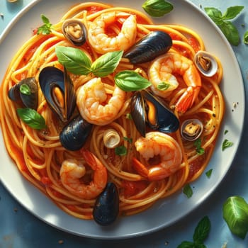 Pasta with seafood in tomato sauce, and shrimp and clams. AI generative.