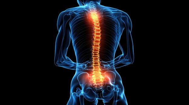 man with back pain X-ray, holding red painful spot. AI generative.