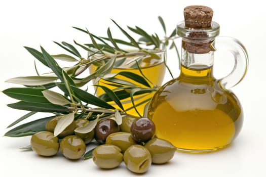 Olive oil, olives and olive branches. AI generative.