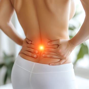 man with back pain X-ray, holding red painful spot. AI generative.