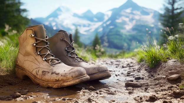 A dirty  hiking boots left on a muddy trail, with mountains in the background. Hiking concept. AI generated