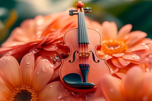 Miniature violin lying on a gerbera flowers . AI generated