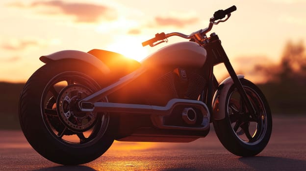Modern electric motorcycle on a road at sunset. AI generated