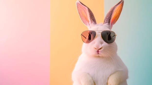 Easter rabbit with a sunglasses standing against painted wall background. Copy space. AI generated