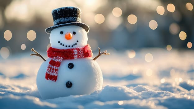Happy snowman with hat and scarf on snowy winter background with bokeh. Concept of Christmas, winter holidays, festive season, and childhood fun