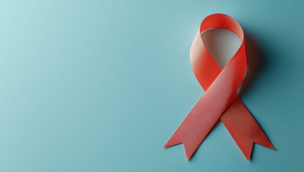 Red awareness ribbon on teal background, symbol for HIV/AIDS support and solidarity