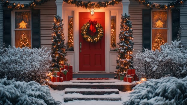Festive red front door with Christmas wreath, lights, decorations and snow. Cozy home entrance decorated for holidays. Winter holidays celebration concept.