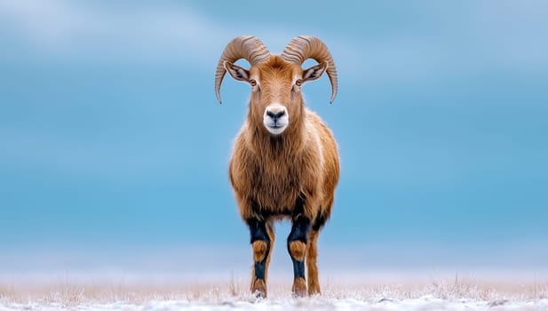 Mouflon standing in the snow with a blurred background. Concept of wildlife, nature, and winter.