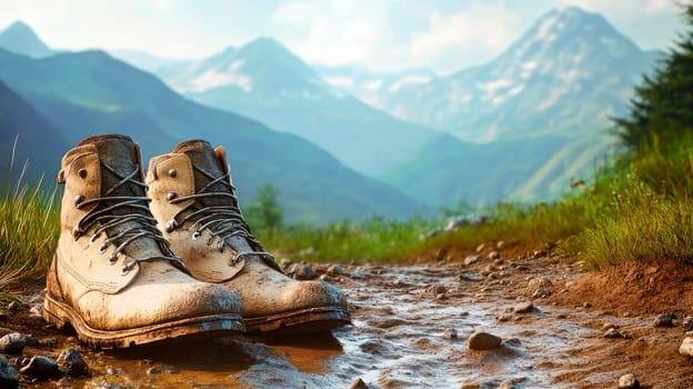A dirty  hiking boots left on a muddy trail, with mountains in the background. Hiking in a wild nature. AI generated