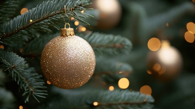 Gold Christmas Ornament on a Christmas Tree, Festive Decoration for the Holiday Season