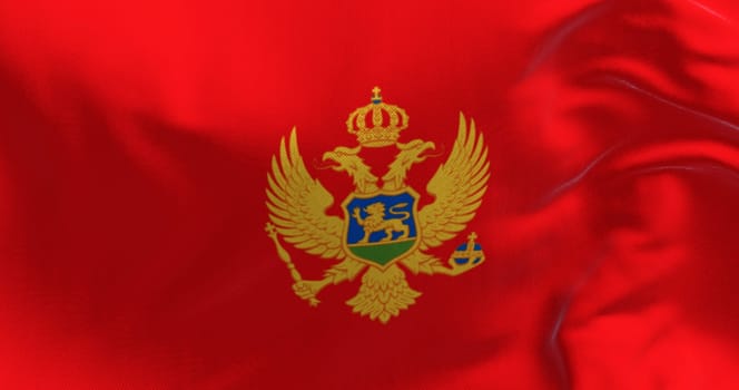 Close-up of national flag of Montenegro waving in the wind. Red with a golden border and features the national coat of arms in its center. 3d illustration render. Selective focus.
