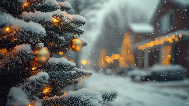 Snowy Christmas Tree with Golden Ornaments and Blurry Street in Background