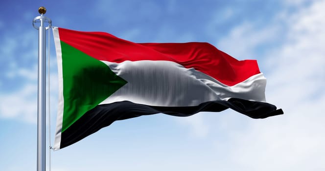 Sudan national flag waving in the wind. Red, white, black horizontal stripes with a green triangle at the hoist. 3d illustration render. Rippling fabric