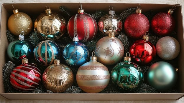 Box of Vintage Christmas Ornaments, Retro Holiday Decorations