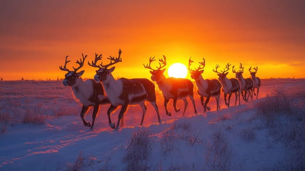 Reindeer Herd Walking in Snowy Landscape at Sunset