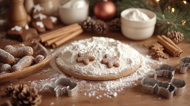 Christmas Baking Scene, Flour, Cookie Cutters, and Gingerbread Men