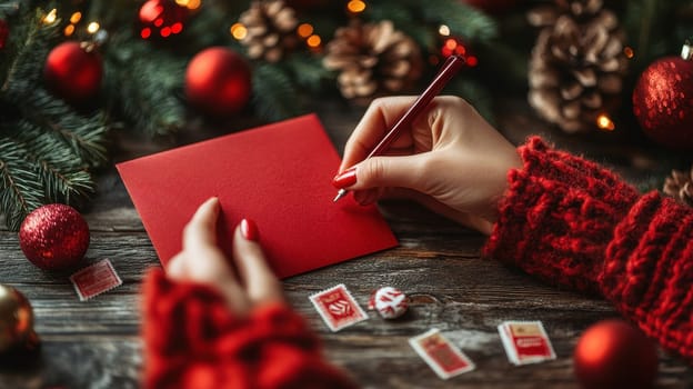 Woman writing Christmas card on red envelope at decorated wooden table. Holiday greetings and wishes concept.