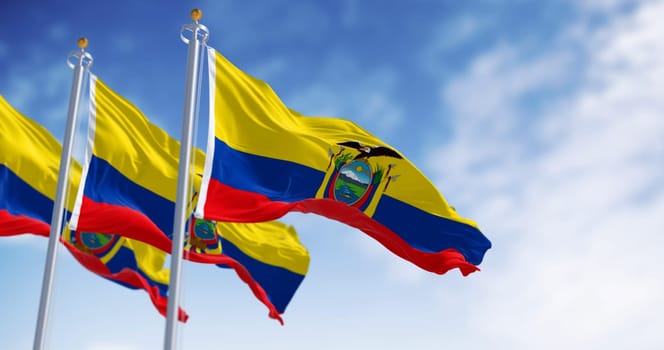 Ecuador national flags waving in the wind on a clear day. The Republic of Ecuador is a presidential republic of South America. 3d illustration render. Fluttering fabric