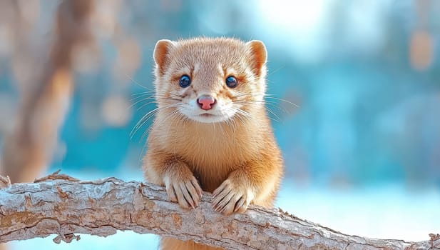 Cute yellow Siberian weasel or kolonok on a tree branch in winter.