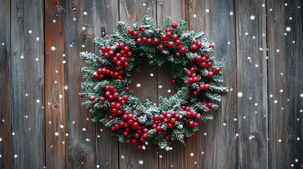 Christmas wreath with red berries and snow on rustic wooden background