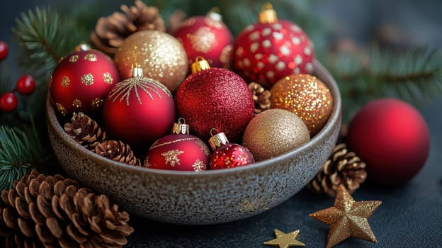 Bowl filled with red and gold Christmas ornaments, pine cones, and star decorations on a dark background. Festive holiday season concept.