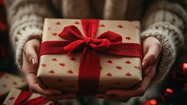 Woman holding Christmas gift box with red ribbon. Concept of holidays, celebration, giving, and love