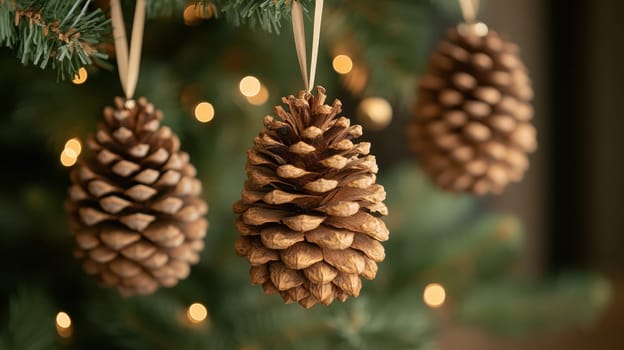Three natural pine cone ornaments hanging on a Christmas tree with warm bokeh lights. Festive, cozy, and rustic holiday decoration.