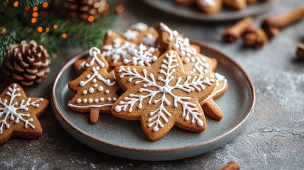 Christmas gingerbread cookies with festive icing on a plate. Holiday baking concept.