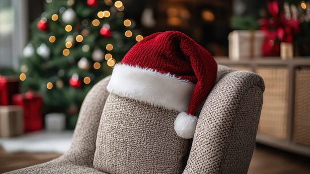 Santa Hat on Chair with Christmas Tree Background, Festive Home Decor