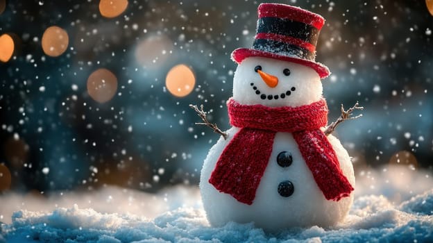 Smiling Snowman in Snowy Winter Wonderland, Festive Christmas Scene