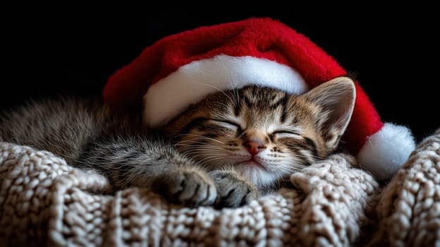 Sleeping Kitten in Santa Hat, Cozy Christmas Dreams