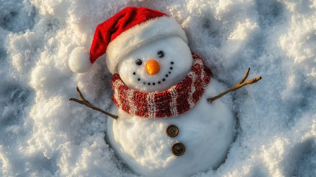 Smiling Snowman in Santa Hat, Winter Christmas Scene