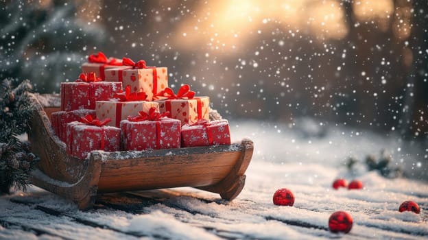 Sleigh filled with red Christmas gift boxes in snowy winter landscape