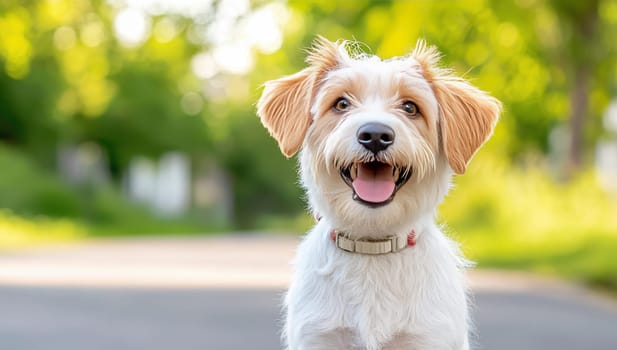 Happy Jack Russell Terrier puppy smiling outdoors in summer.