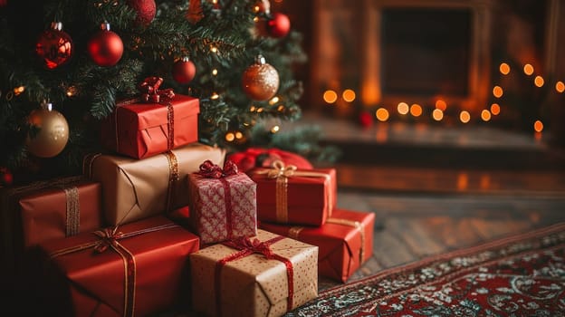 Christmas gifts under the tree near fireplace. Cozy winter holidays at home concept.