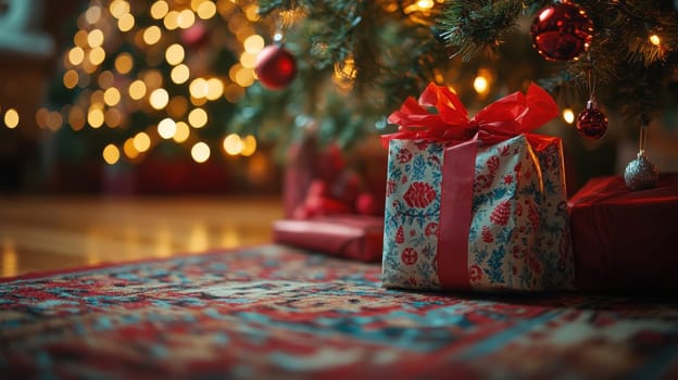 Beautifully wrapped Christmas gifts under a decorated tree with warm lights.