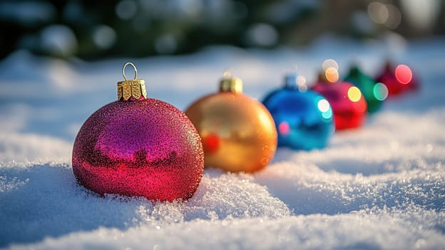 Colorful Christmas baubles or Christmas ball ornaments in a row on snow with a shallow depth of field. Festive Christmas or New Year winter holiday background.