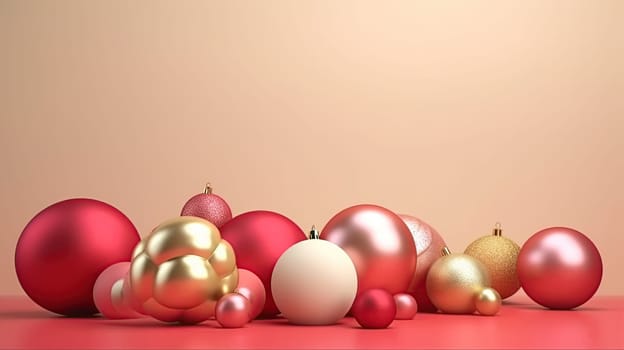 Golden and red Christmas ornaments balls festive sparkling background with copy space for New Year, Christmas, party holiday promotion. Side view. AI Generative content