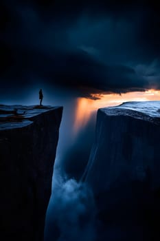 Figure standing on the edge of a cliff, swirling storm in the distance but rays of sunlight breaking through. Hope & resilience - overcoming anxiety. AI generated image