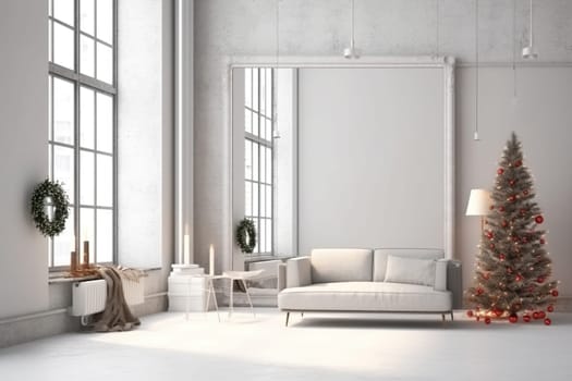 Print mockup in loft style airy light living room interior in neutral colors design with large windows natural light and Christmas tree decor. Modern luxury downtown apartment. AI Generative content