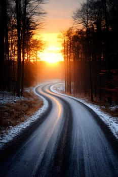 A long icy winding road between dark trees leading towards upcoming sun. Represents journey towards mental health, healing & personal growth. AI generated image