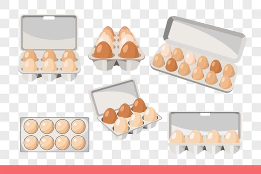 Trays with eggs, viewed from different angles, for design of display for store selling natural farm products produced in poultry farms. Fresh eggs inside paper or recycled trash trays.